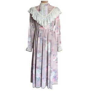Vintage Floral Stretchy Velvet Prairie Dress M Ruffle Lace Yoke Cottagecore Maxi